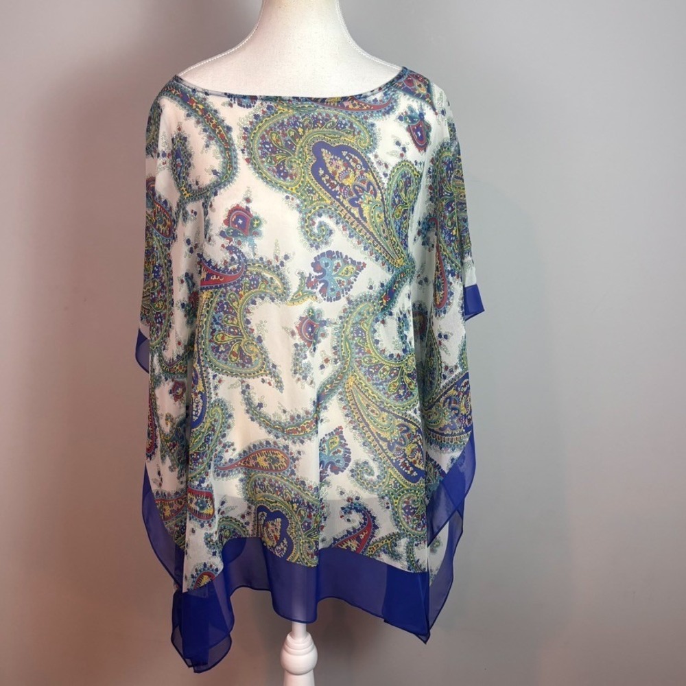Talbots Womens 100% Silk Blue Paisley Sheer Poncho Blouse sz 2x/3X Resort wear